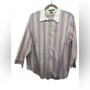 Lauren Ralph Lauren 1X Pastel Striped Button Up Dress Shirt Pearl